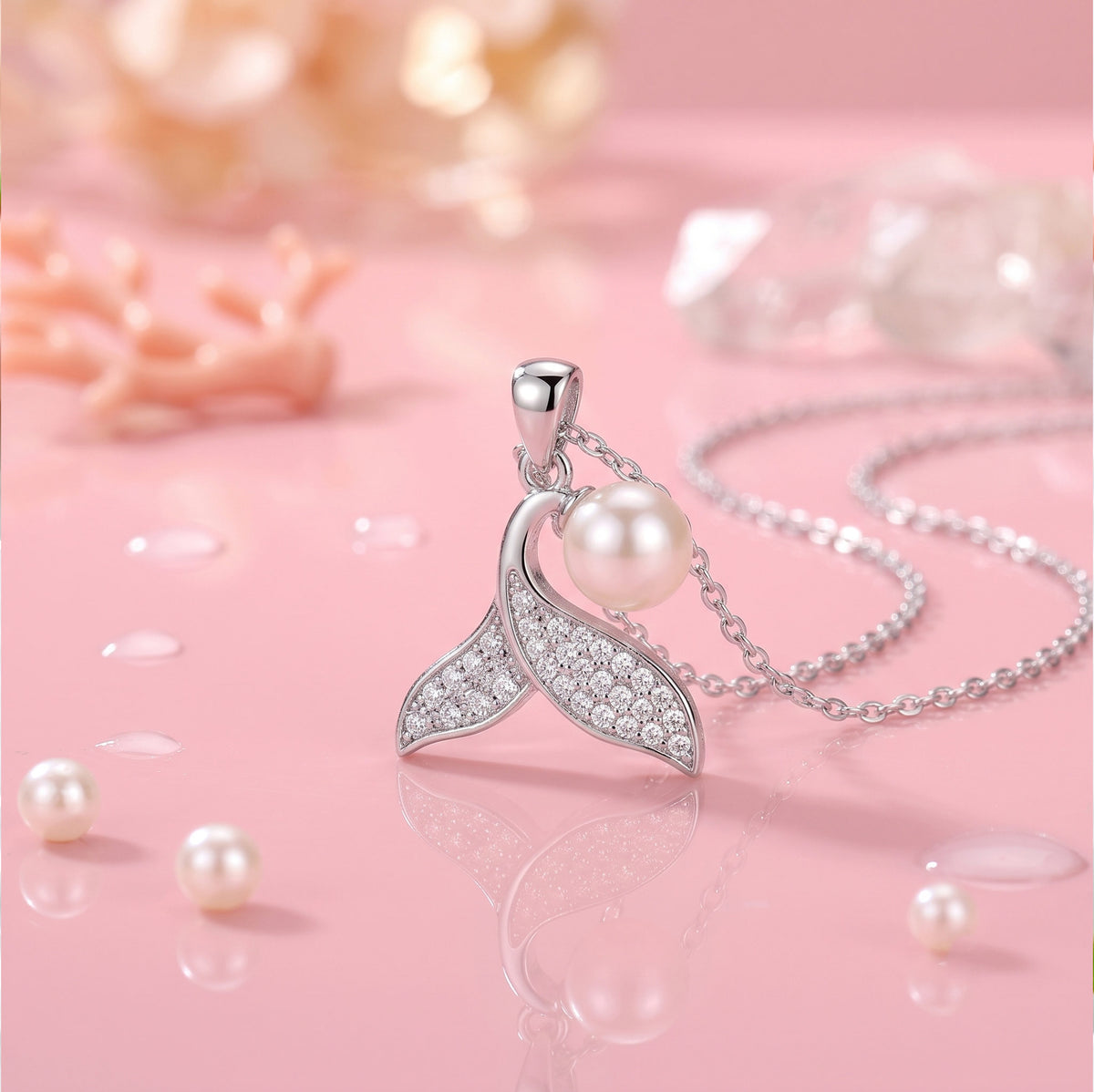 925 Sterling Silver Mermaid Tail & Pearl Pendant Necklace