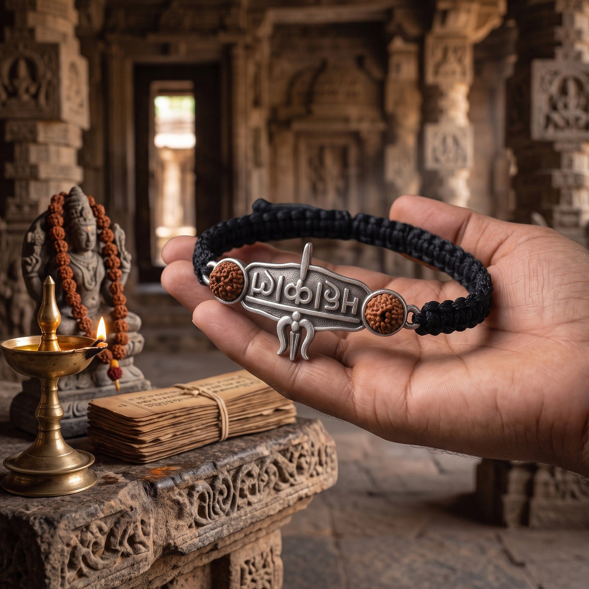 925 Sterling Silver Mahakal Trishul Rudraksha Thread Bracelet