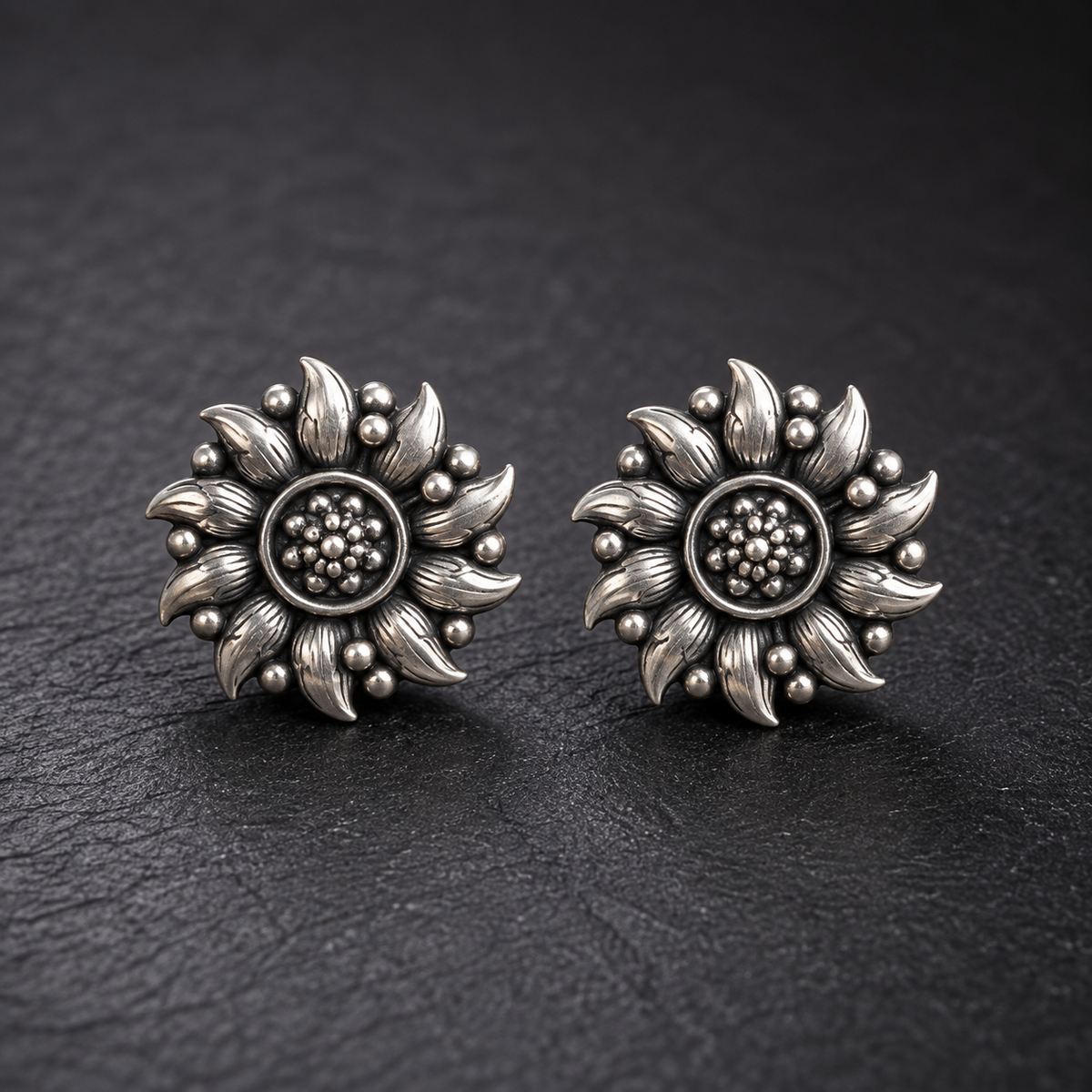 Oxidised Silver Blooming Sunflower Stud Earrings