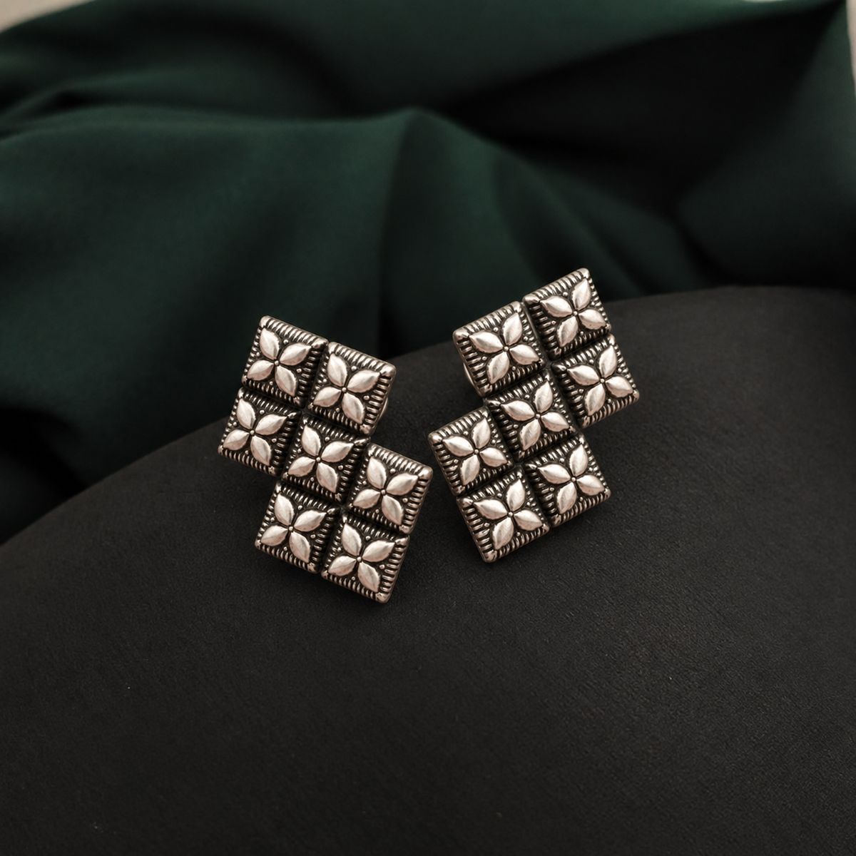 Oxidised Silver Geometric Floral Stud Earrings