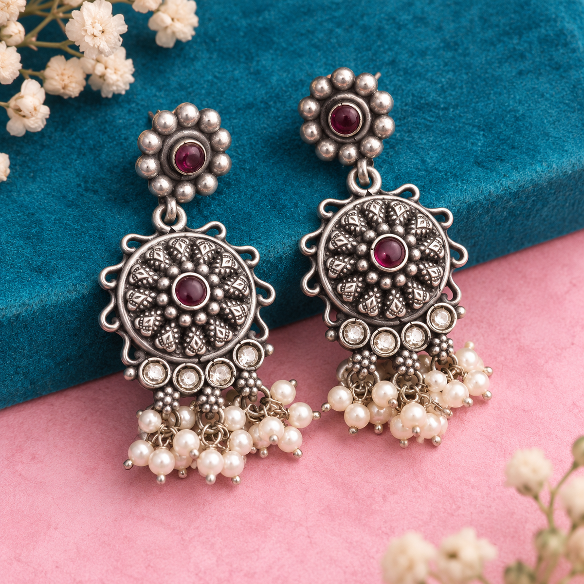 Oxidised Silver Ruby Pearl Floral Earrings