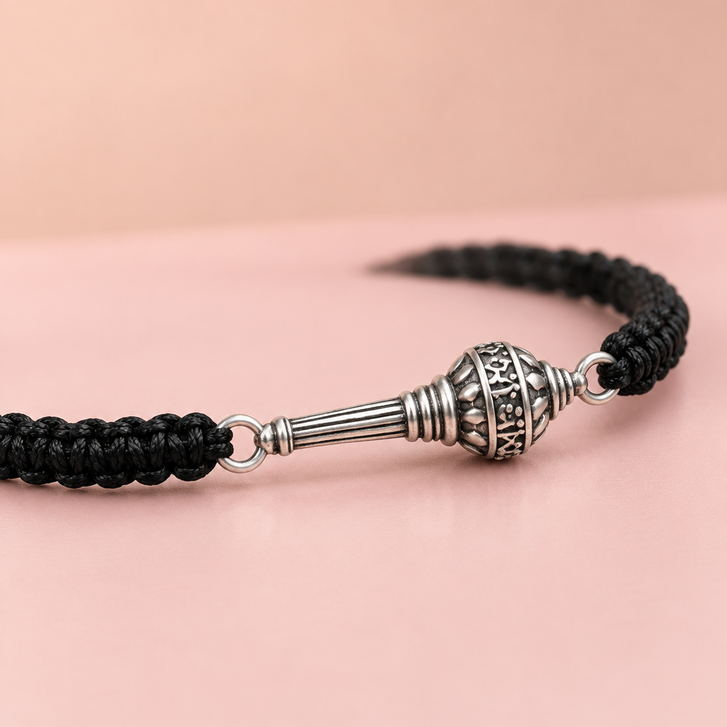Silver Hanuman Kavach Gada Braided Bracelet