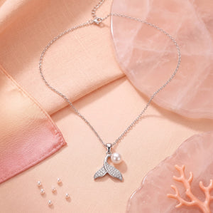 925 Sterling Silver Mermaid Tail & Pearl Pendant Necklace