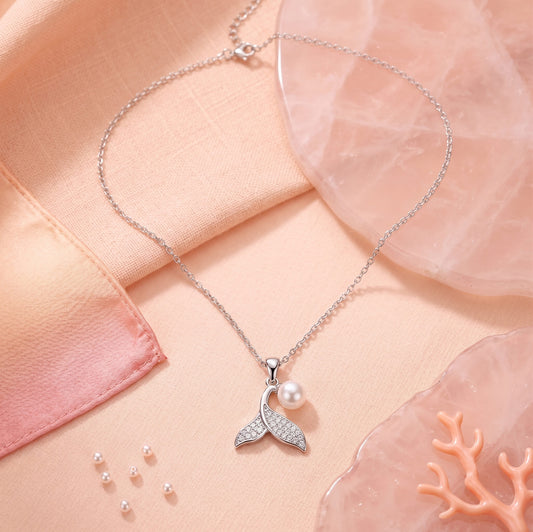 925 Sterling Silver Mermaid Tail & Pearl Pendant Necklace