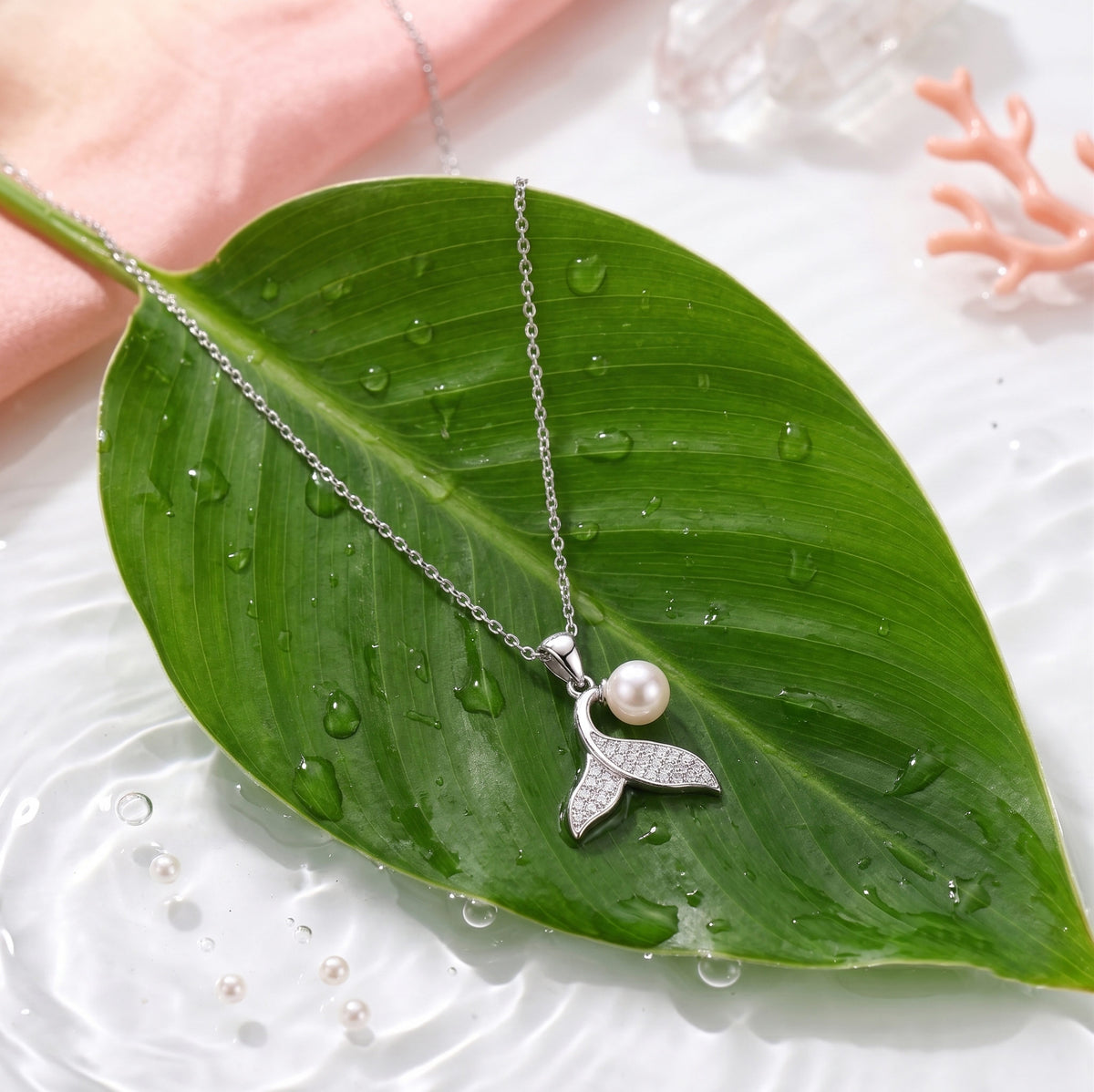 925 Sterling Silver Mermaid Tail & Pearl Pendant Necklace