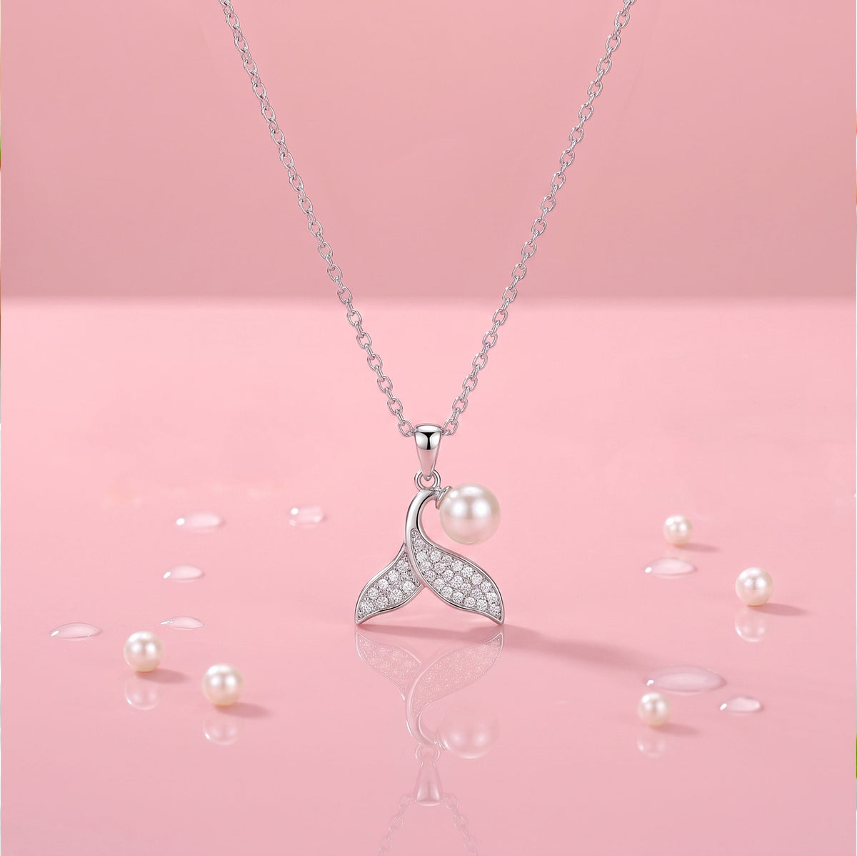 925 Sterling Silver Mermaid Tail & Pearl Pendant Necklace