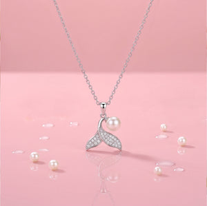 925 Sterling Silver Mermaid Tail & Pearl Pendant Necklace