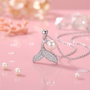 925 Sterling Silver Mermaid Tail & Pearl Pendant Necklace