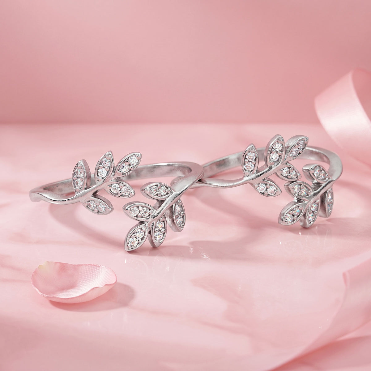 Leaf Design CZ 925 Sterling Silver Rhodium Plated Toe Ring