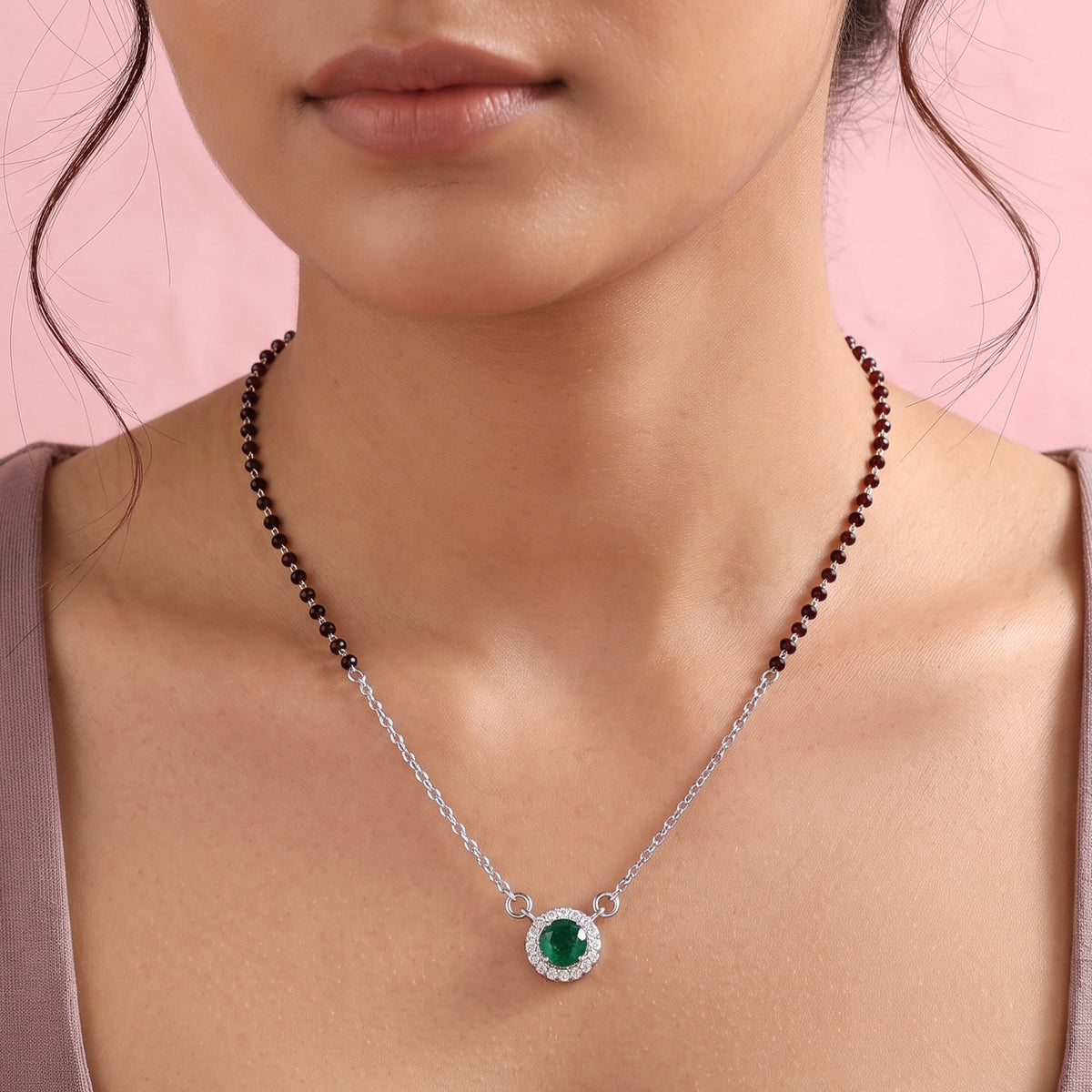 Emerald Halo Diamond Pendant Necklace in Sterling Silver