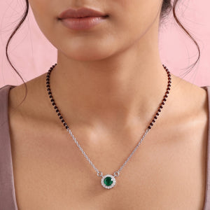 Emerald Halo Diamond Pendant Necklace in Sterling Silver