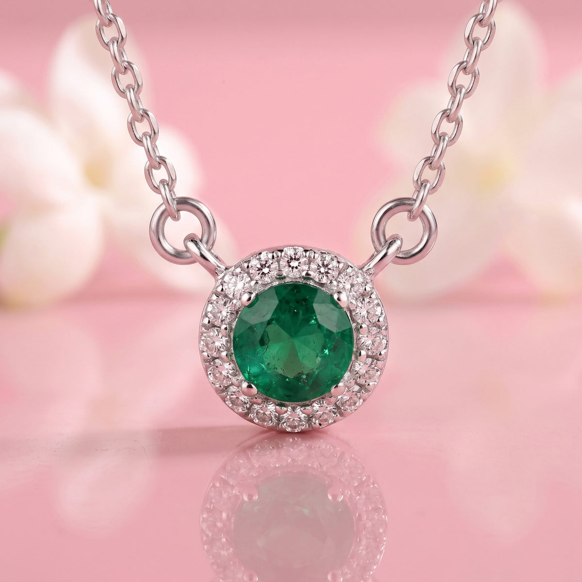 Emerald Halo Diamond Pendant Necklace in Sterling Silver