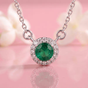Emerald Halo Diamond Pendant Necklace in Sterling Silver