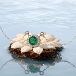 Emerald Halo Diamond Pendant Necklace in Sterling Silver