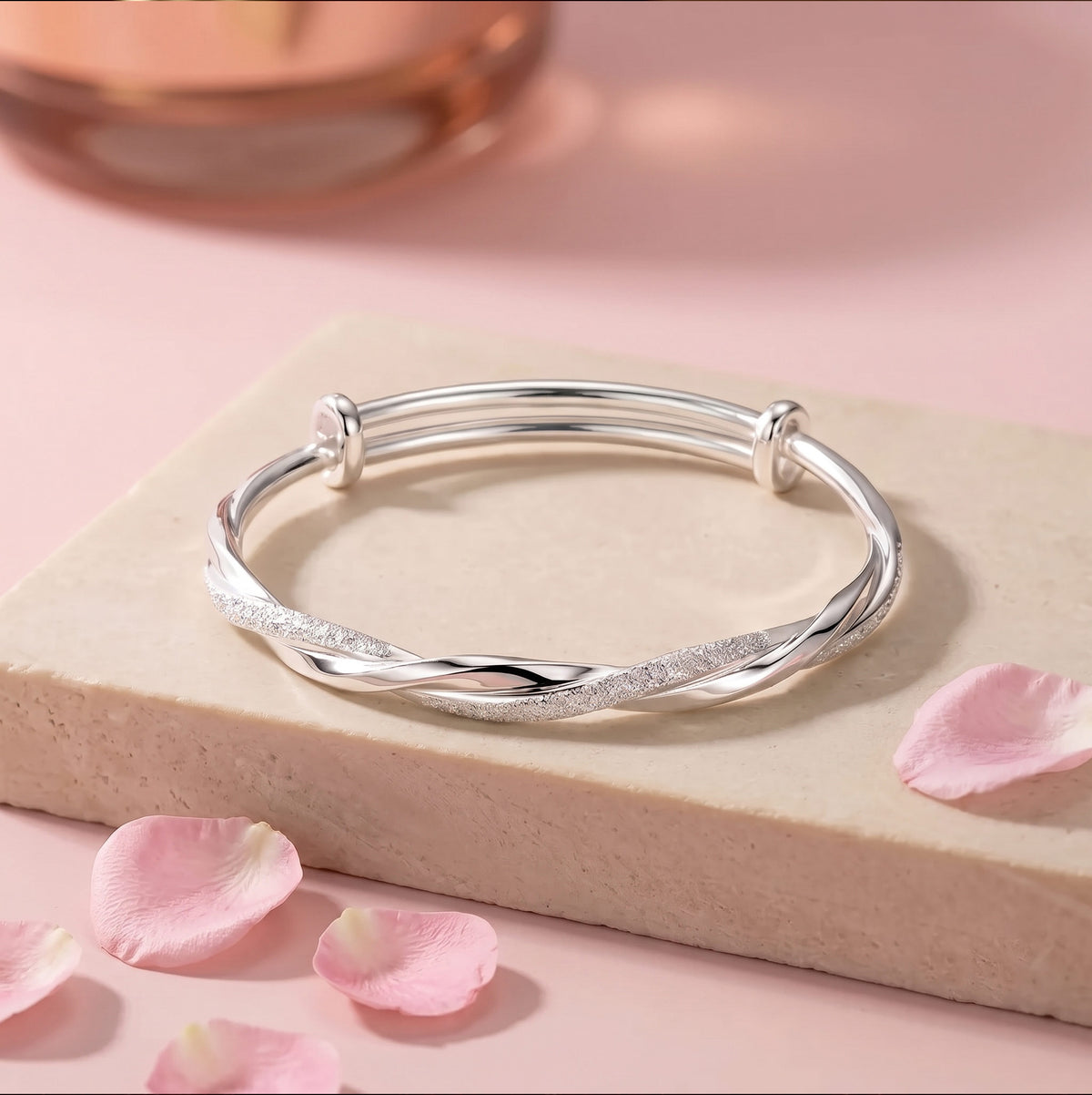 Twisted Dual-Finish Silver Adjustable Kada
