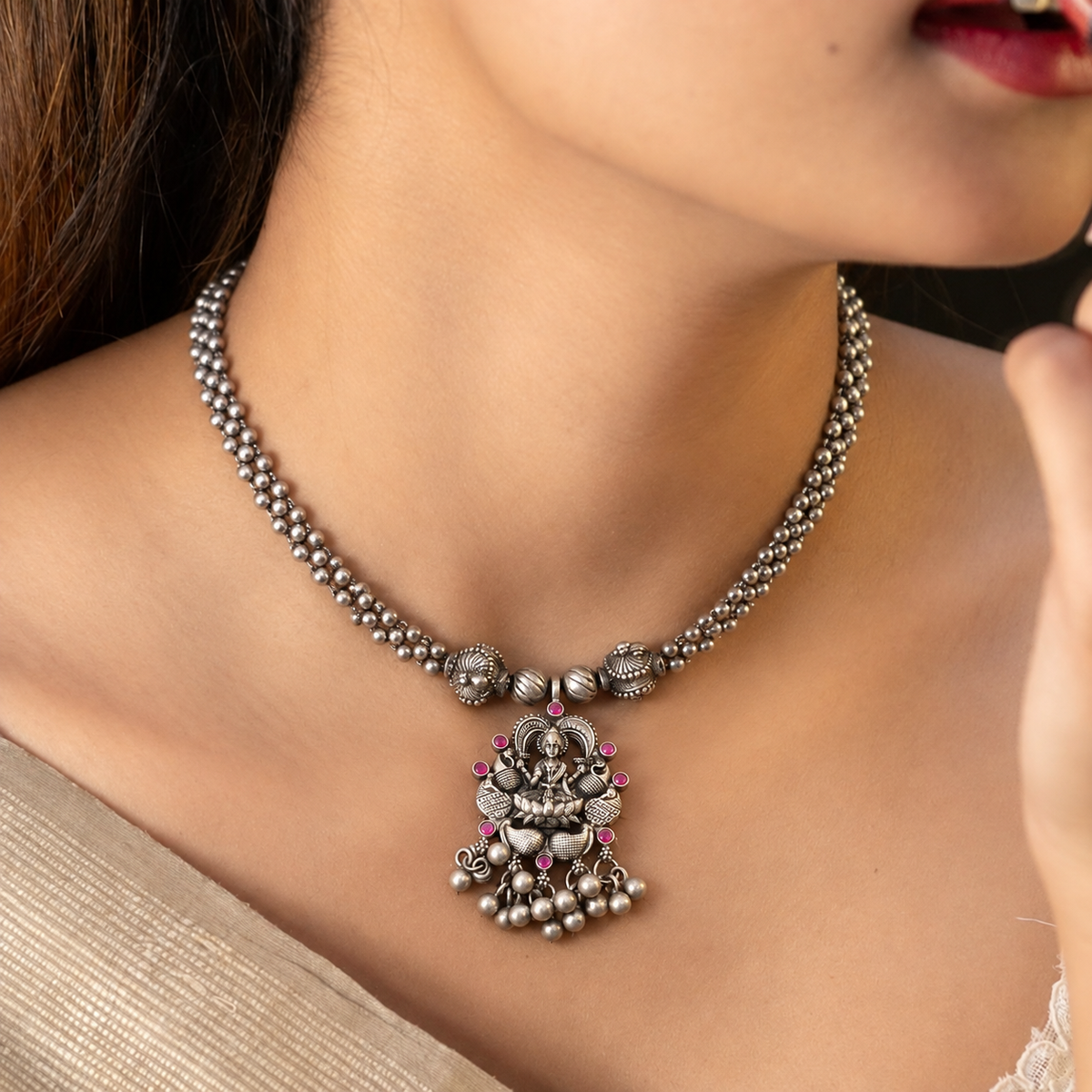 Antique Silver Lakshmi Choker Necklace