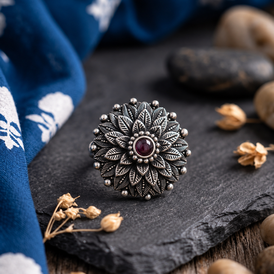 Oxidised Silver Mandala Floral Ring