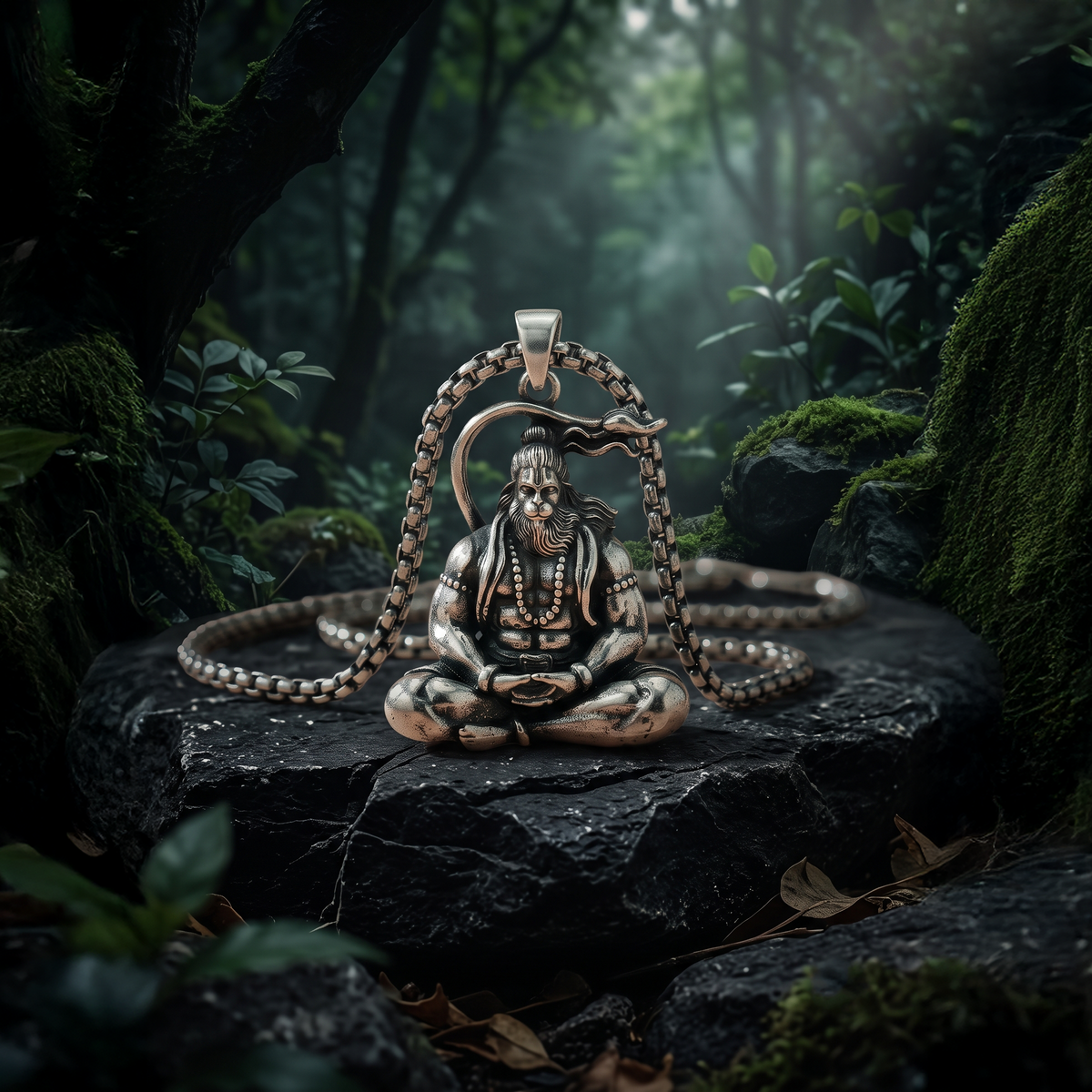 Meditating Hanuman Silver Pendant