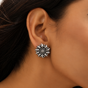 Oxidised Silver Blooming Sunflower Stud Earrings