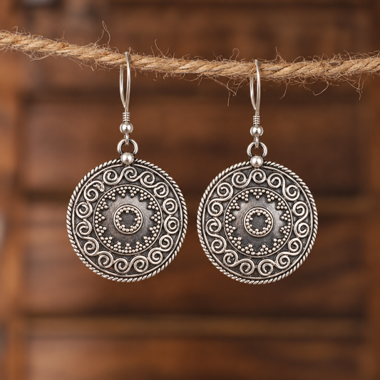 Oxidised Silver Circular Mandala Earrings