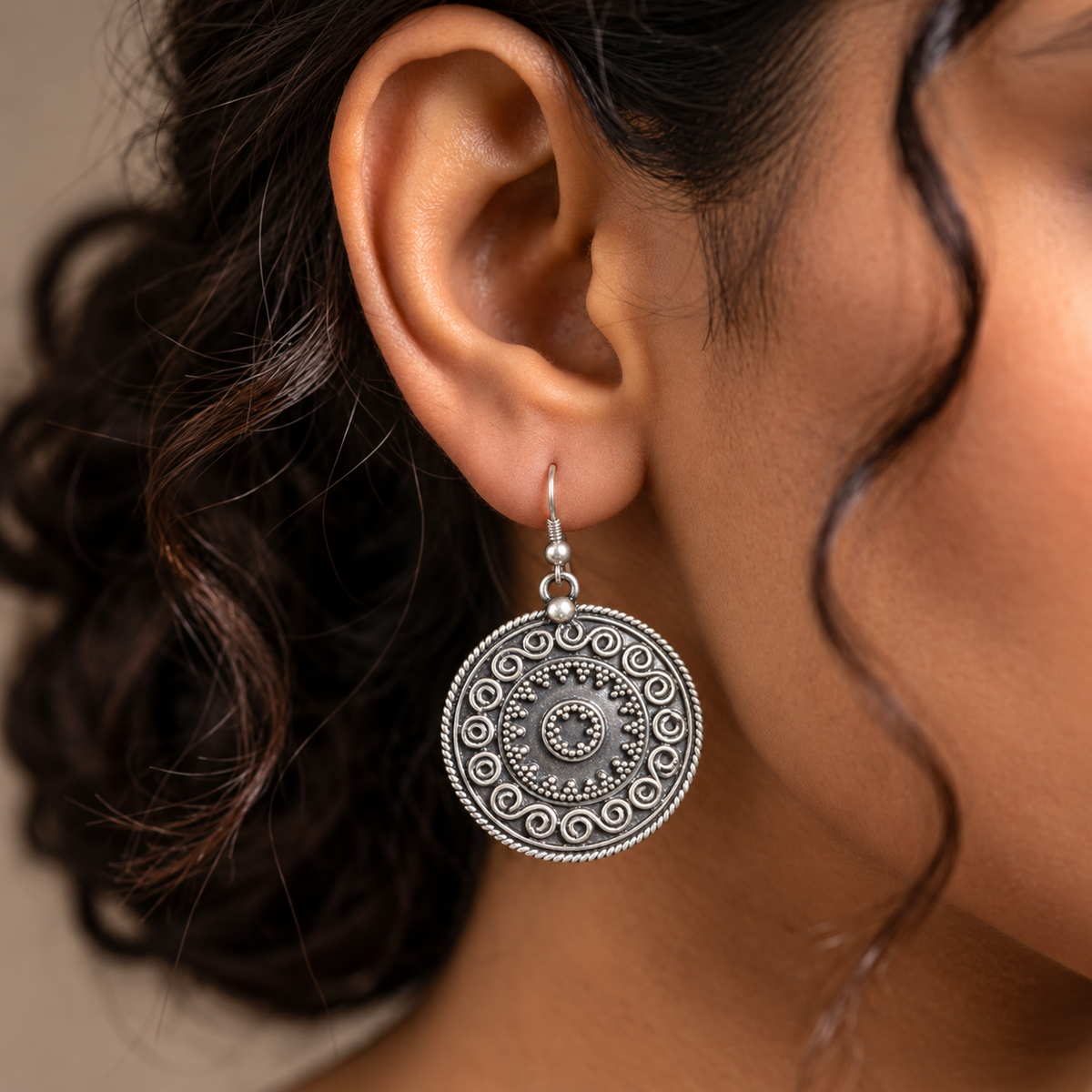 Oxidised Silver Circular Mandala Earrings