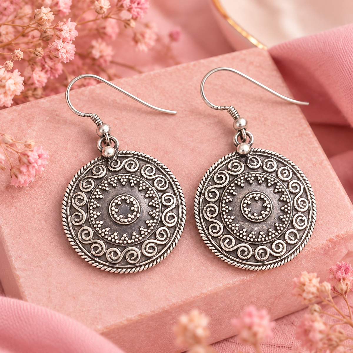 Oxidised Silver Circular Mandala Earrings