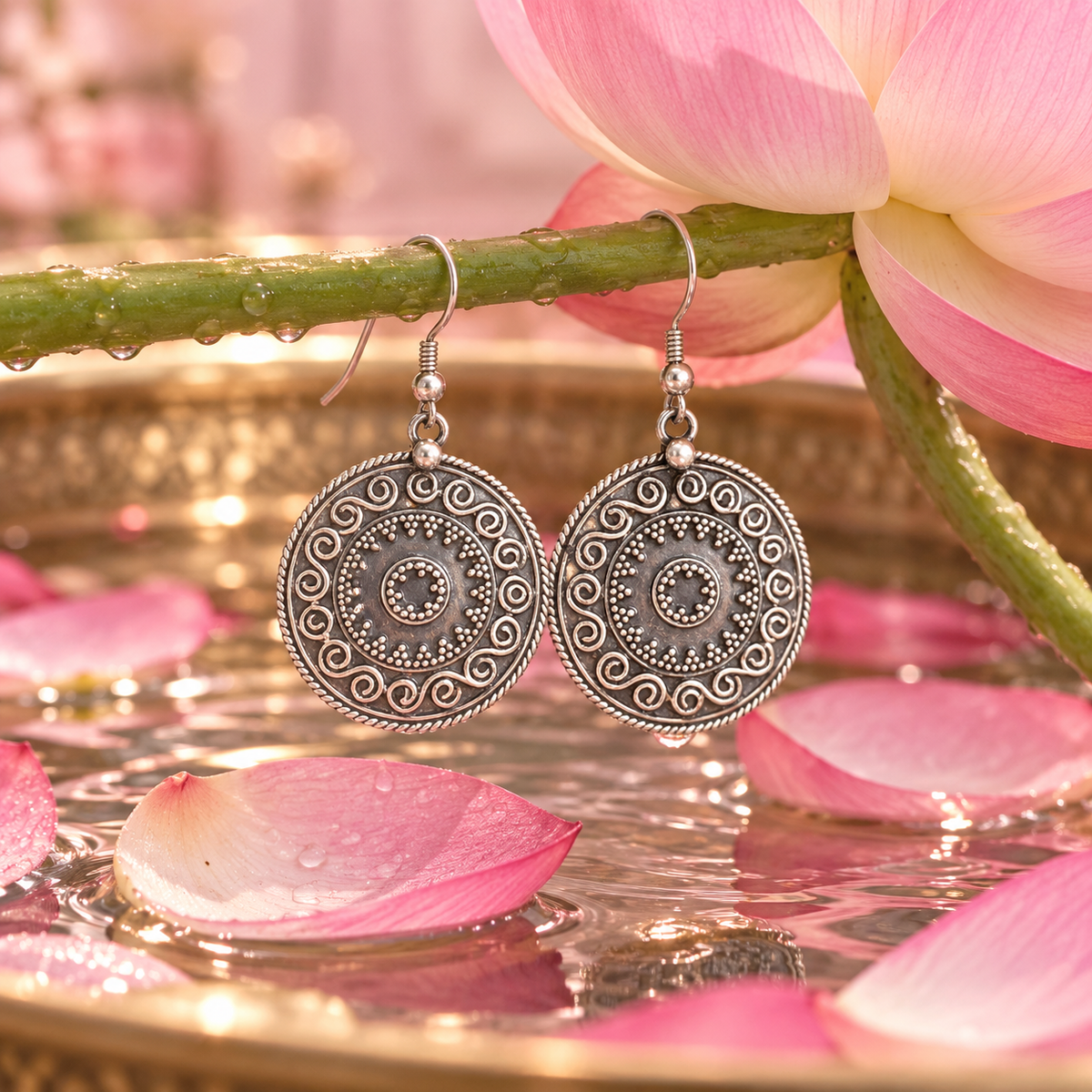 Oxidised Silver Circular Mandala Earrings