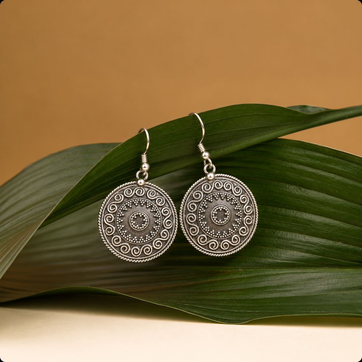 Oxidised Silver Circular Mandala Earrings