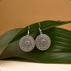 Oxidised Silver Circular Mandala Earrings