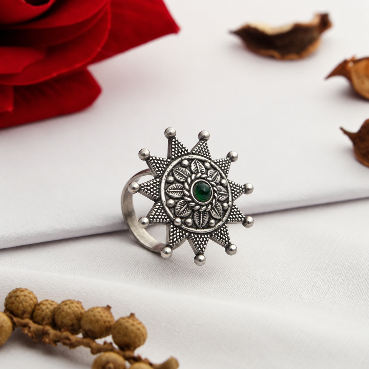 Oxidised Silver Emerald Sunburst Statement Ring