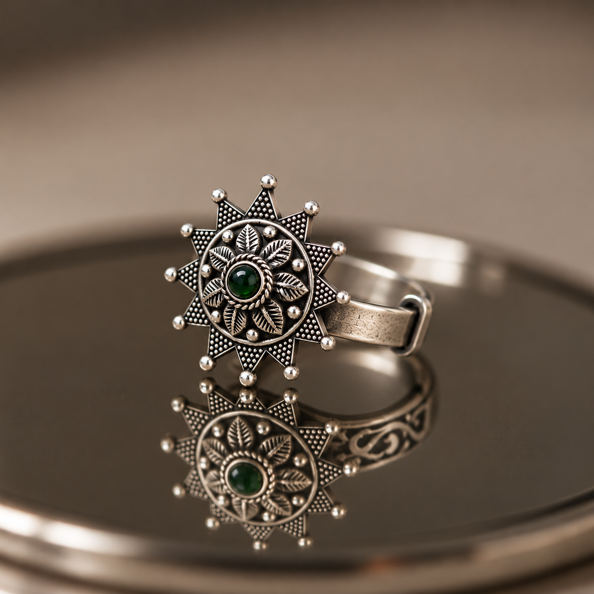 Oxidised Silver Emerald Sunburst Statement Ring