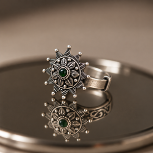 Oxidised Silver Emerald Sunburst Statement Ring