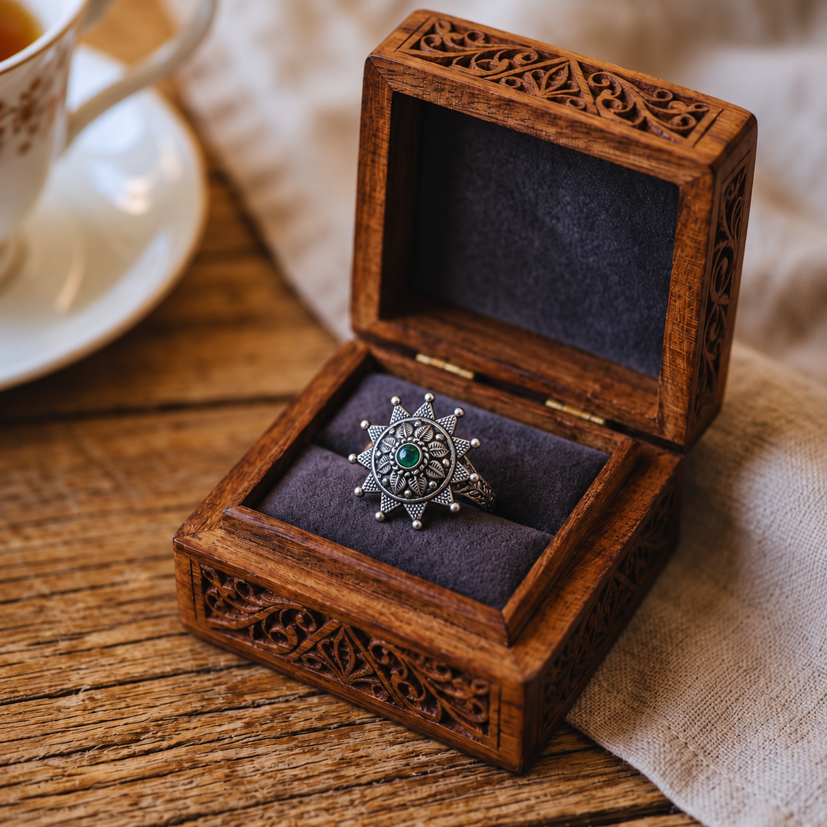 Oxidised Silver Emerald Sunburst Statement Ring