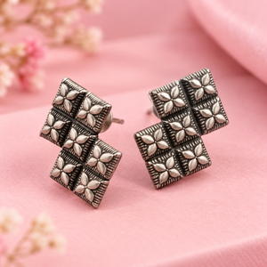 Oxidised Silver Geometric Floral Stud Earrings