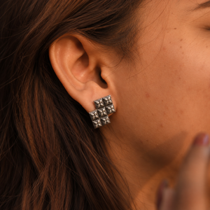 Oxidised Silver Geometric Floral Stud Earrings