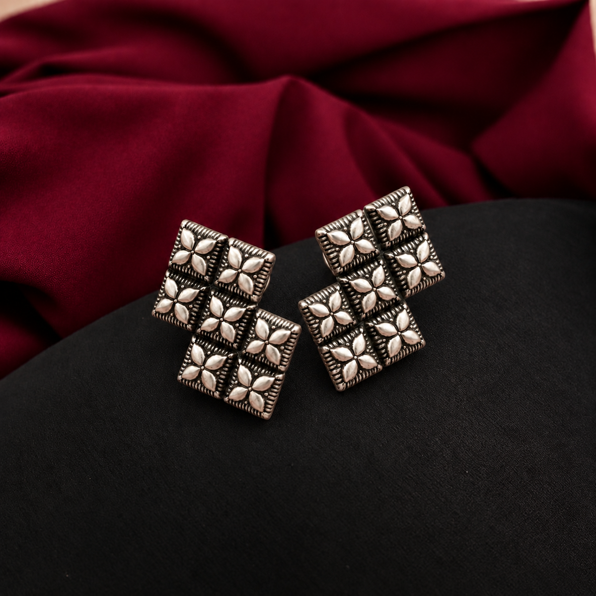 Oxidised Silver Geometric Floral Stud Earrings