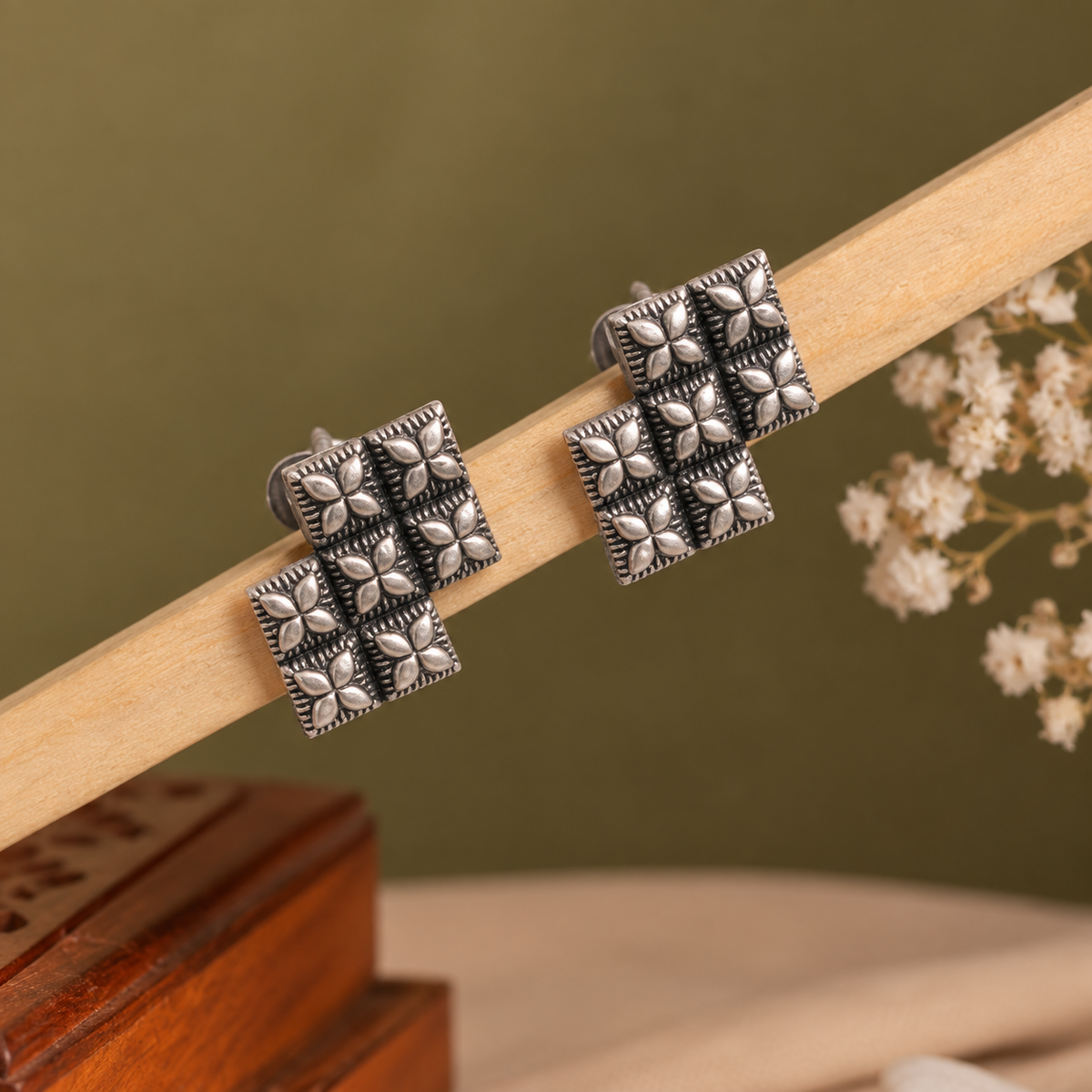 Oxidised Silver Geometric Floral Stud Earrings