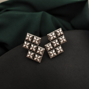 Oxidised Silver Geometric Floral Stud Earrings