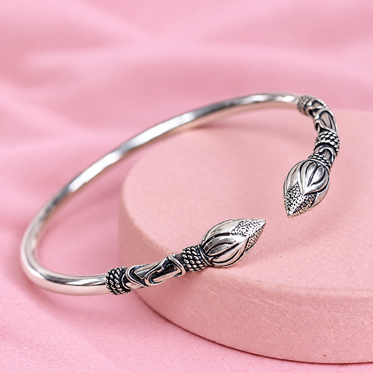 Oxidised Silver Lotus Bud Cuff Kada