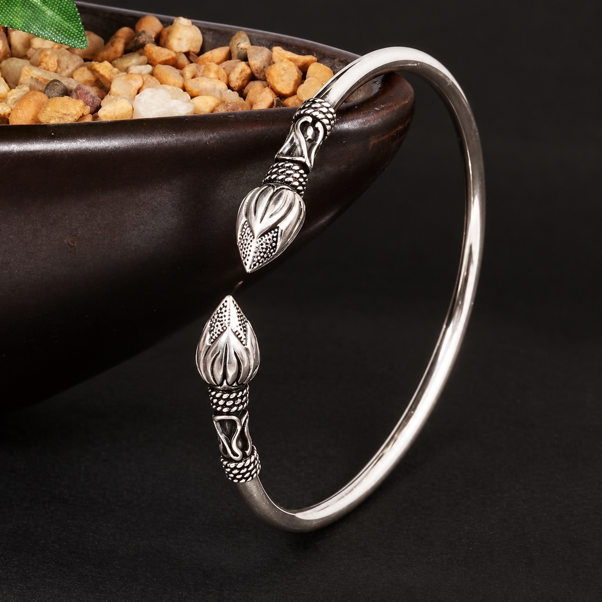 Oxidised Silver Lotus Bud Cuff Kada