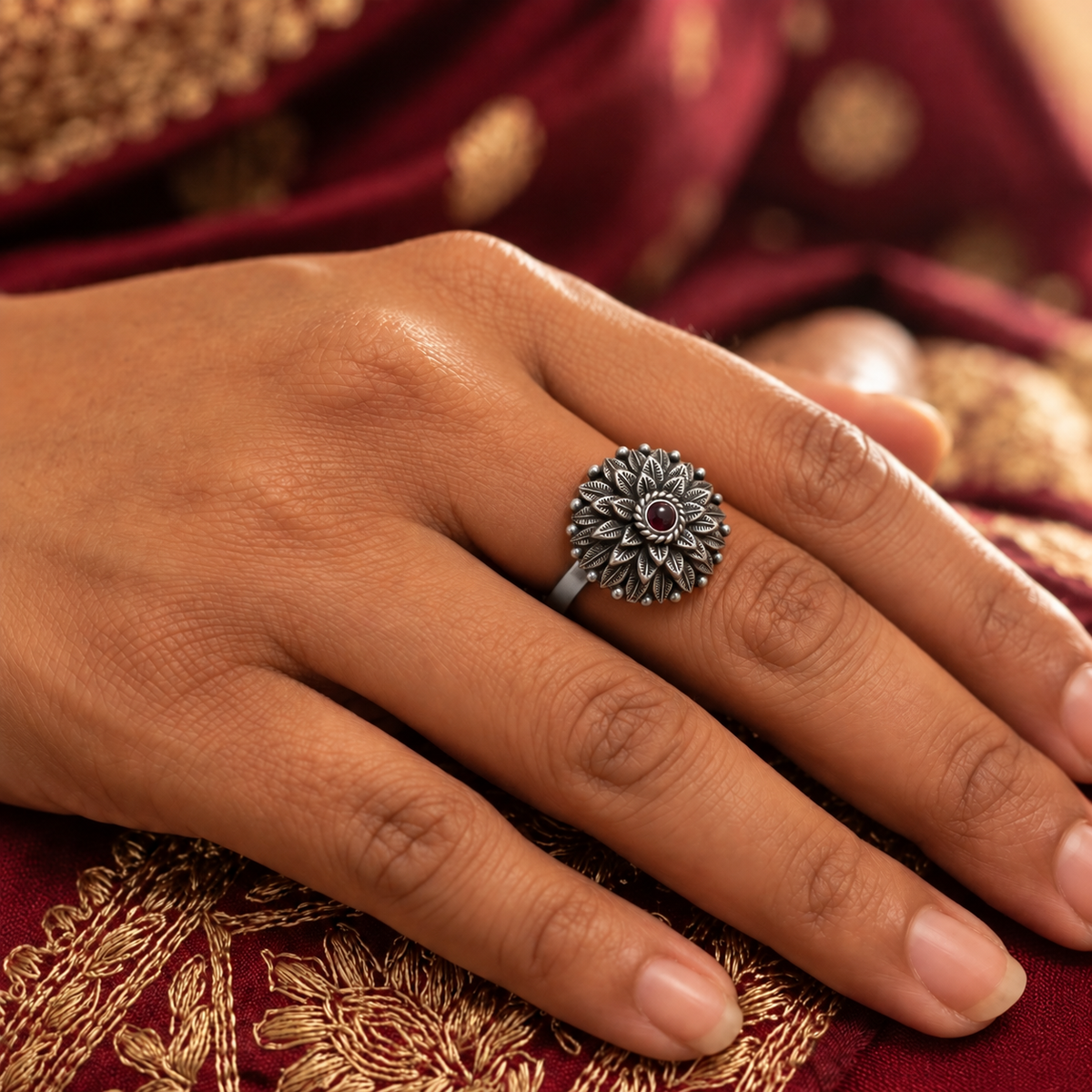 Oxidised Silver Mandala Floral Ring