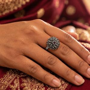 Oxidised Silver Mandala Floral Ring