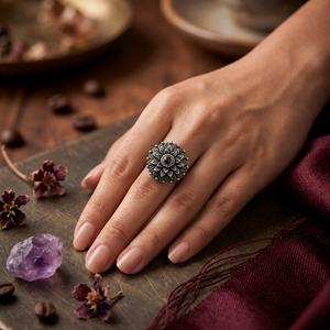 Oxidised Silver Mandala Floral Ring