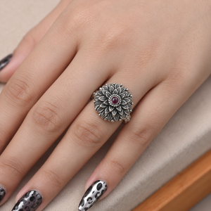 Oxidised Silver Mandala Floral Ring