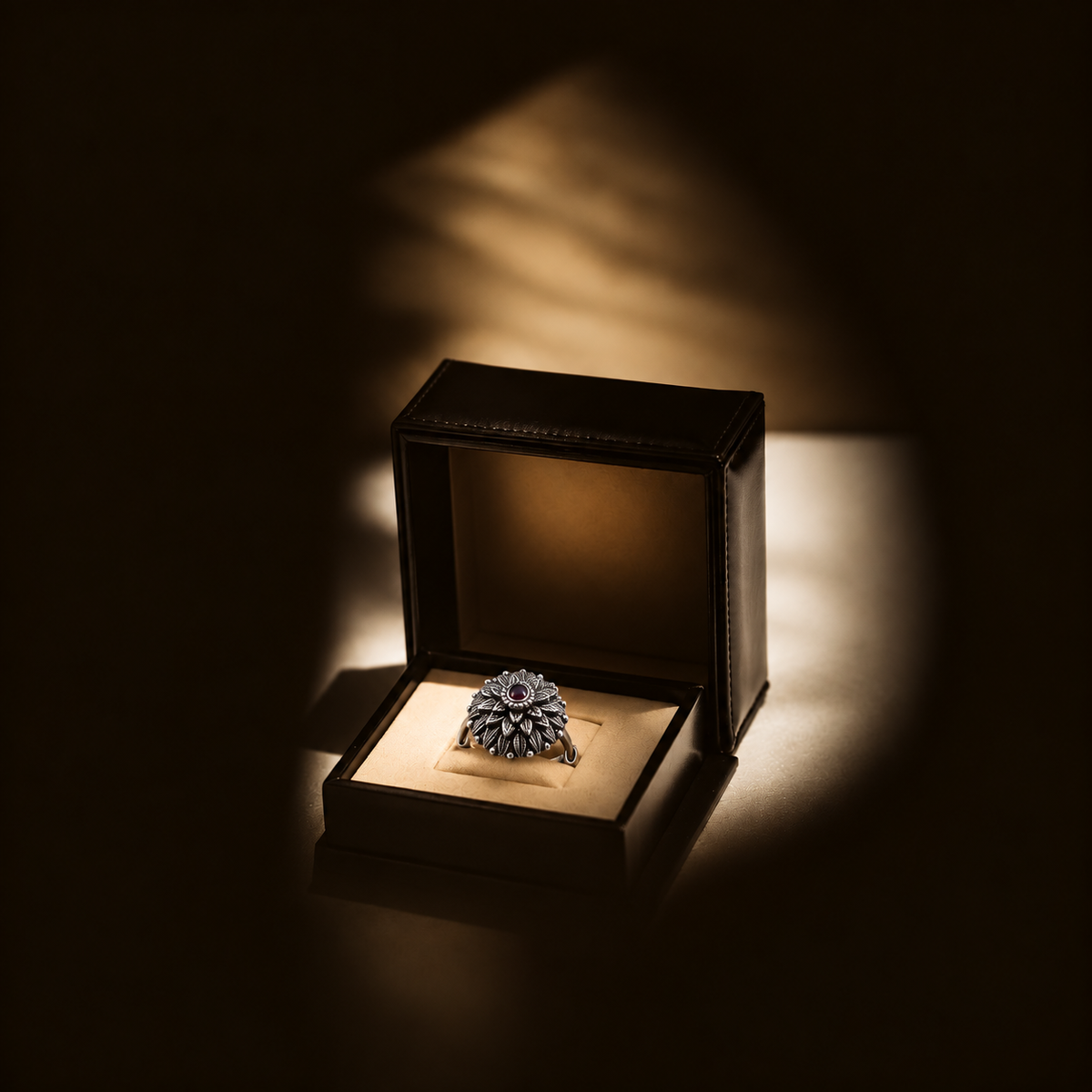 Oxidised Silver Mandala Floral Ring