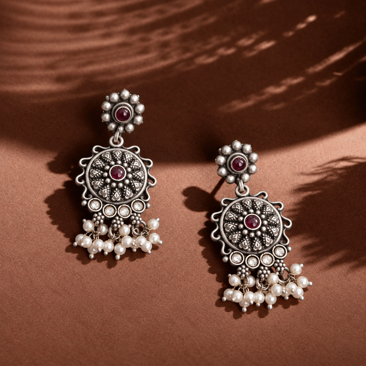 Oxidised Silver Ruby Pearl Floral Earrings