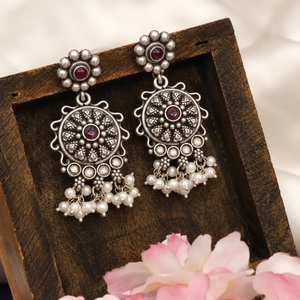 Oxidised Silver Ruby Pearl Floral Earrings