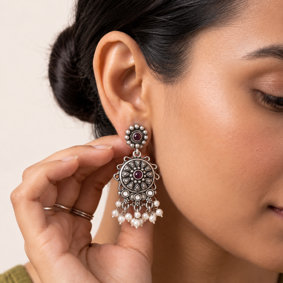 Oxidised Silver Ruby Pearl Floral Earrings