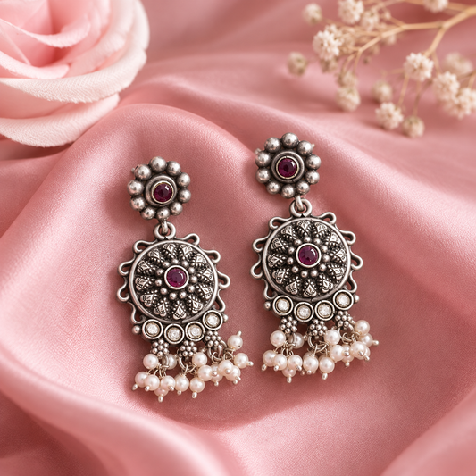 Oxidised Silver Ruby Pearl Floral Earrings