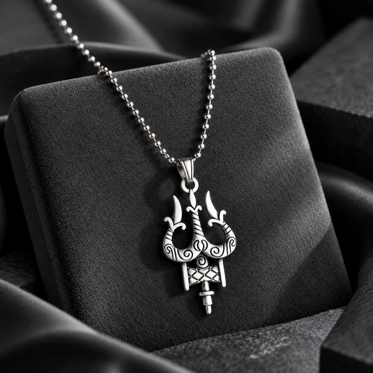Oxidised Silver Trishul Pendant Necklace